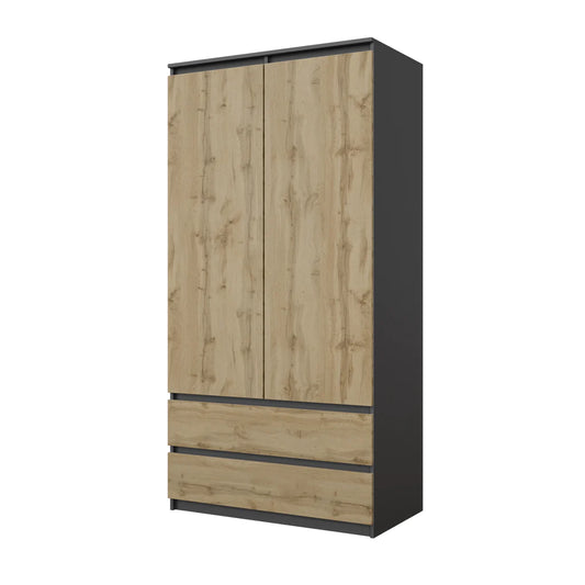 JOELLE - Kleiderschrank mit 2 Türen und 2 Schubladen - Anthrazit Grau / Wotan Eiche H180cm B90cm T50cm