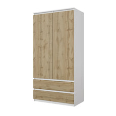 JOELLE - Kleiderschrank mit 2 Türen und 2 Schubladen - Weiß Matt / Wotan Eiche H180cm B90cm T50cm