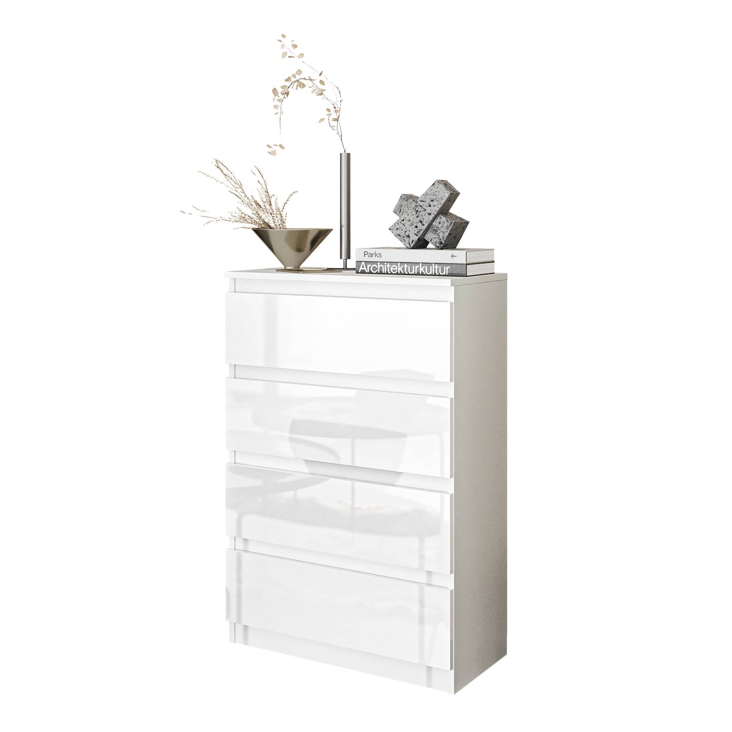 GABRIEL - Kommode / Sideboard mit 4 Schubladen - Weiß Matt / Weiß Gloss H92cm B60cm T33cm