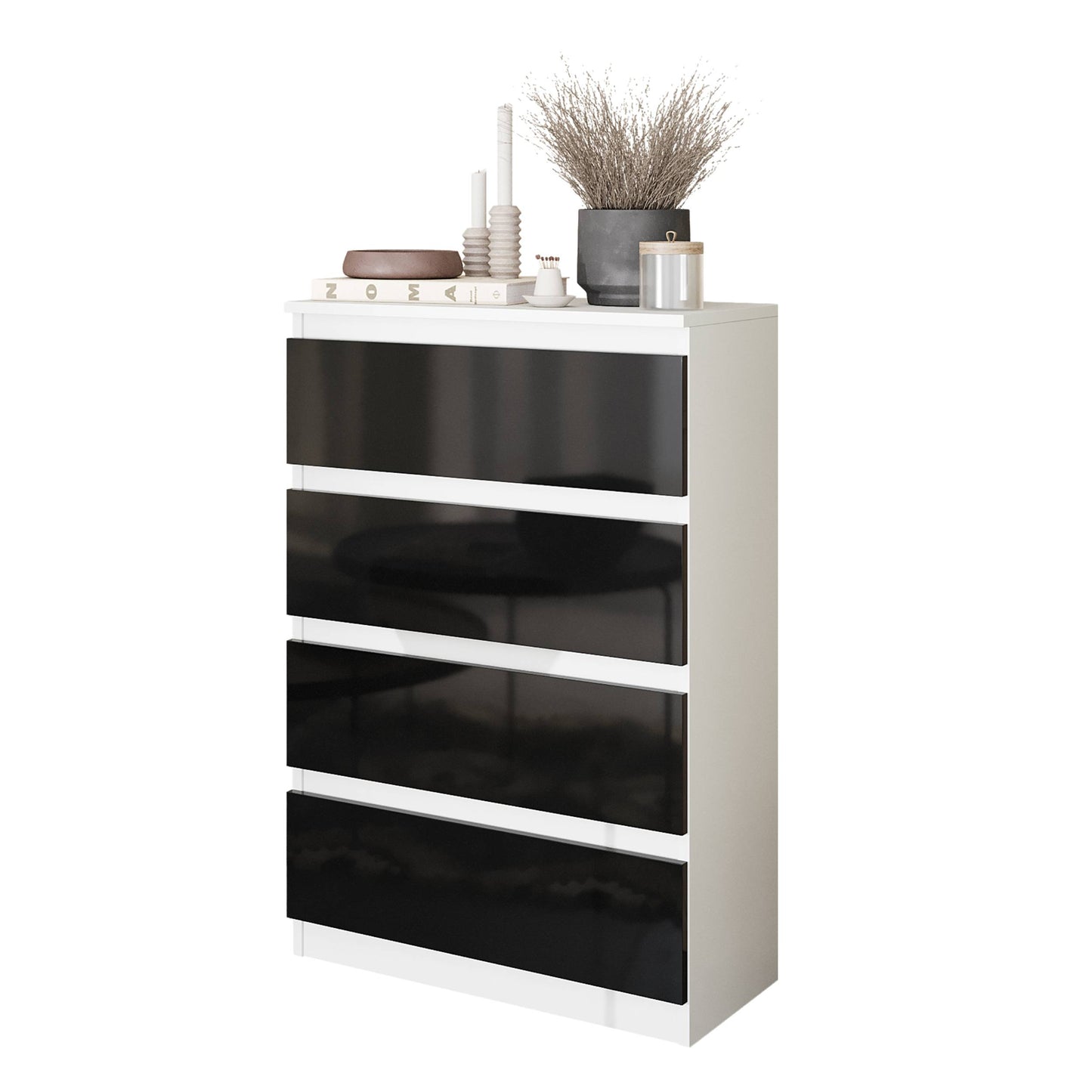GABRIEL - Kommode / Sideboard mit 4 Schubladen - Weiß Matt / Schwarz Gloss H92cm B60cm T33cm