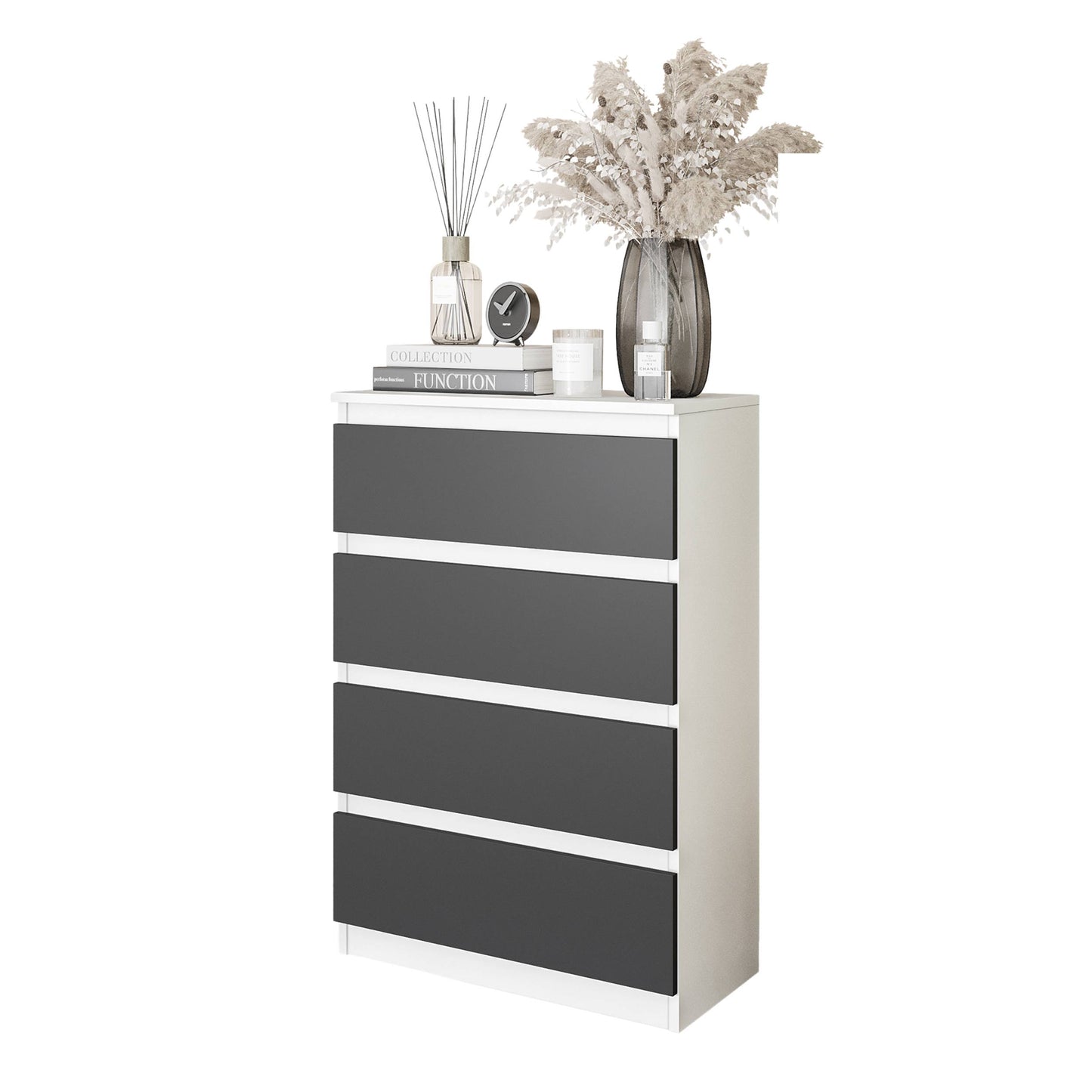GABRIEL - Kommode / Sideboard mit 4 Schubladen - Weiß Matt / Anthrazit H92cm B60cm T33cm