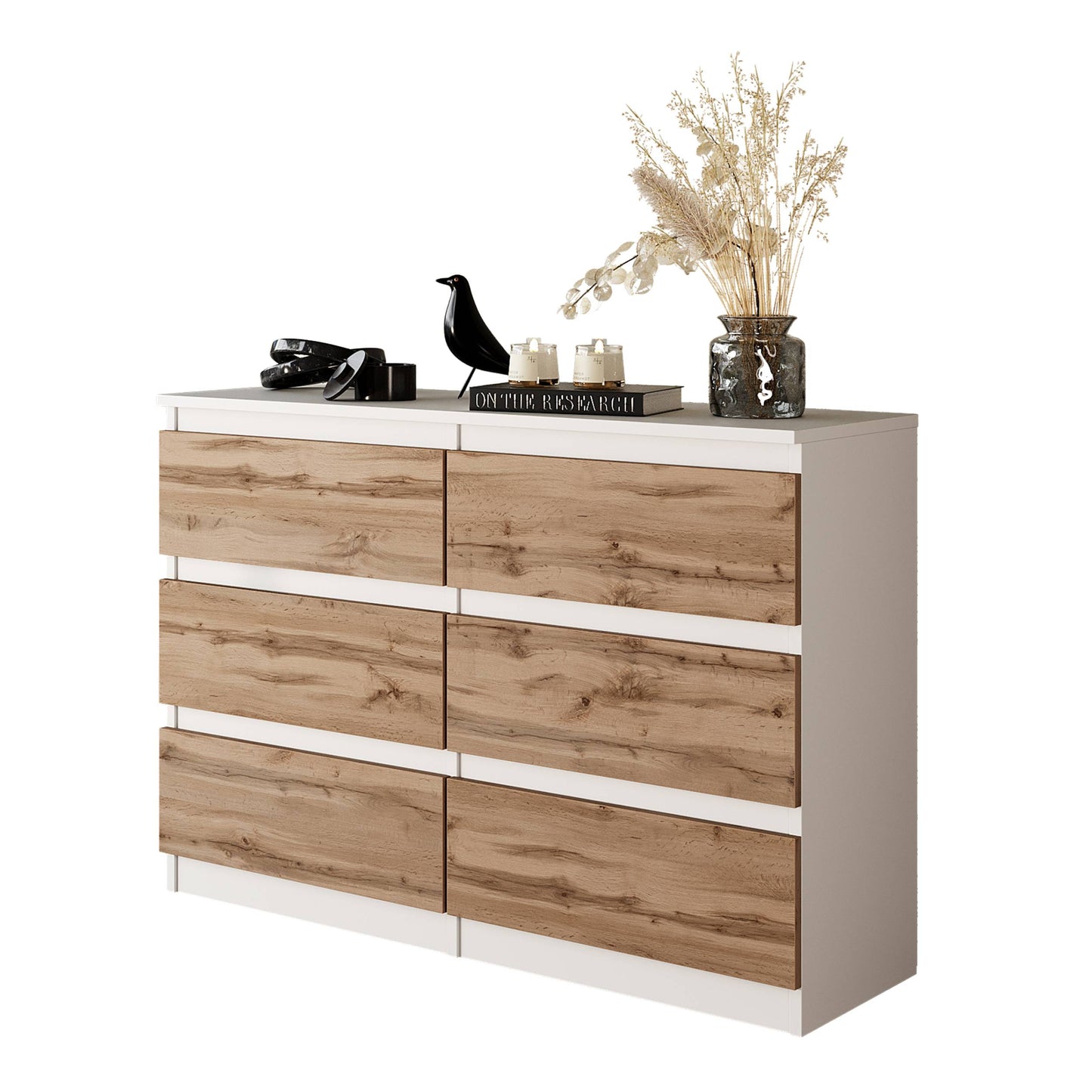 GABRIEL - Kommode / Sideboard mit 6 Schubladen - Weiß Matt / Wotan Eiche H71cm B100cm T33cm