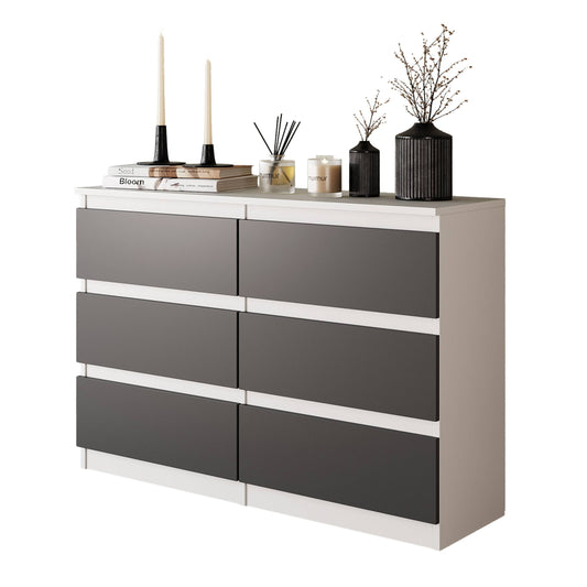 GABRIEL - Kommode / Sideboard mit 6 Schubladen - Weiß Matt / Anthrazit H71cm B100cm TD33cm