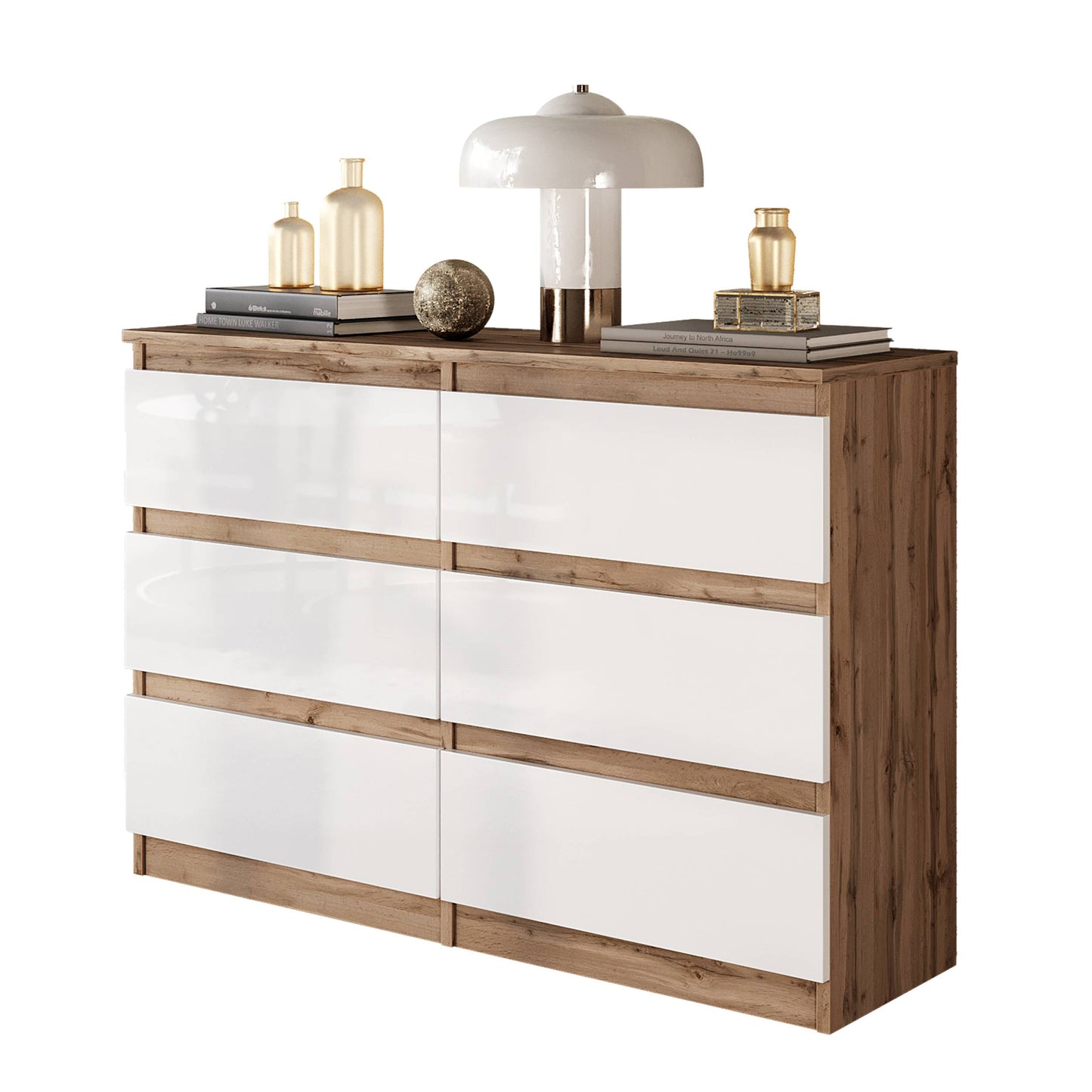 GABRIEL - Kommode / Sideboard mit 6 Schubladen - Wotan Eiche / Weiß Gloss H71cm B100cm TD33cm