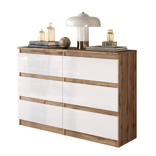 GABRIEL - Kommode / Sideboard mit 6 Schubladen - Wotan Eiche / Weiß Gloss H71cm B100cm TD33cm