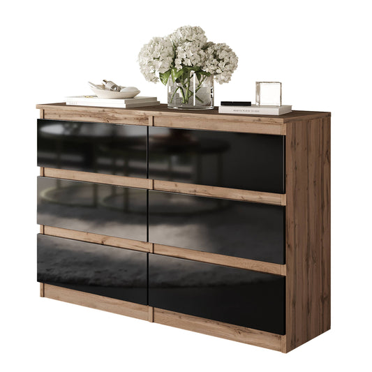 GABRIEL - Kommode / Sideboard mit 6 Schubladen - Wotan Eiche / Schwarz Gloss H71cm B100cm TD33cm
