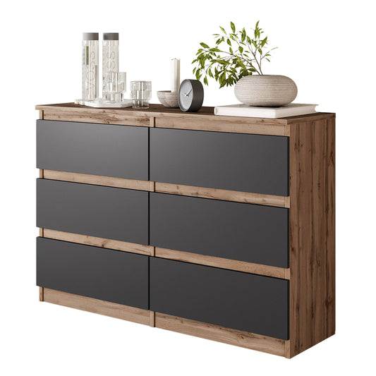 GABRIEL - Kommode / Sideboard mit 6 Schubladen - Wotan Eiche / Anthrazit H71cm B100cm TD33cm