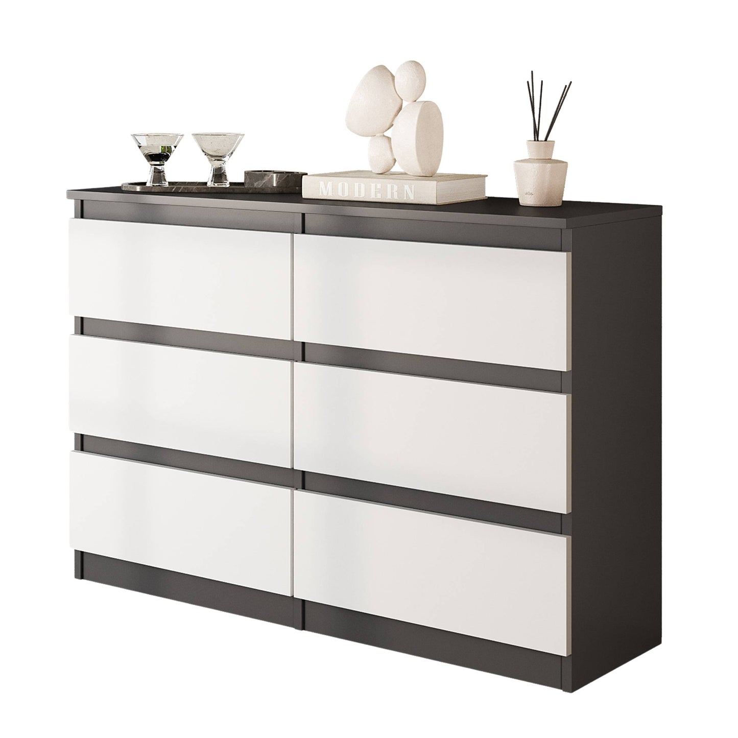 GABRIEL - Kommode / Sideboard mit 6 Schubladen - Anthrazit / Weiß Matt  H71cm B100cm TD33cm