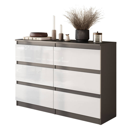 GABRIEL - Kommode / Sideboard mit 6 Schubladen - Anthrazit / Weiß Gloss H71cm B100cm TD33cm