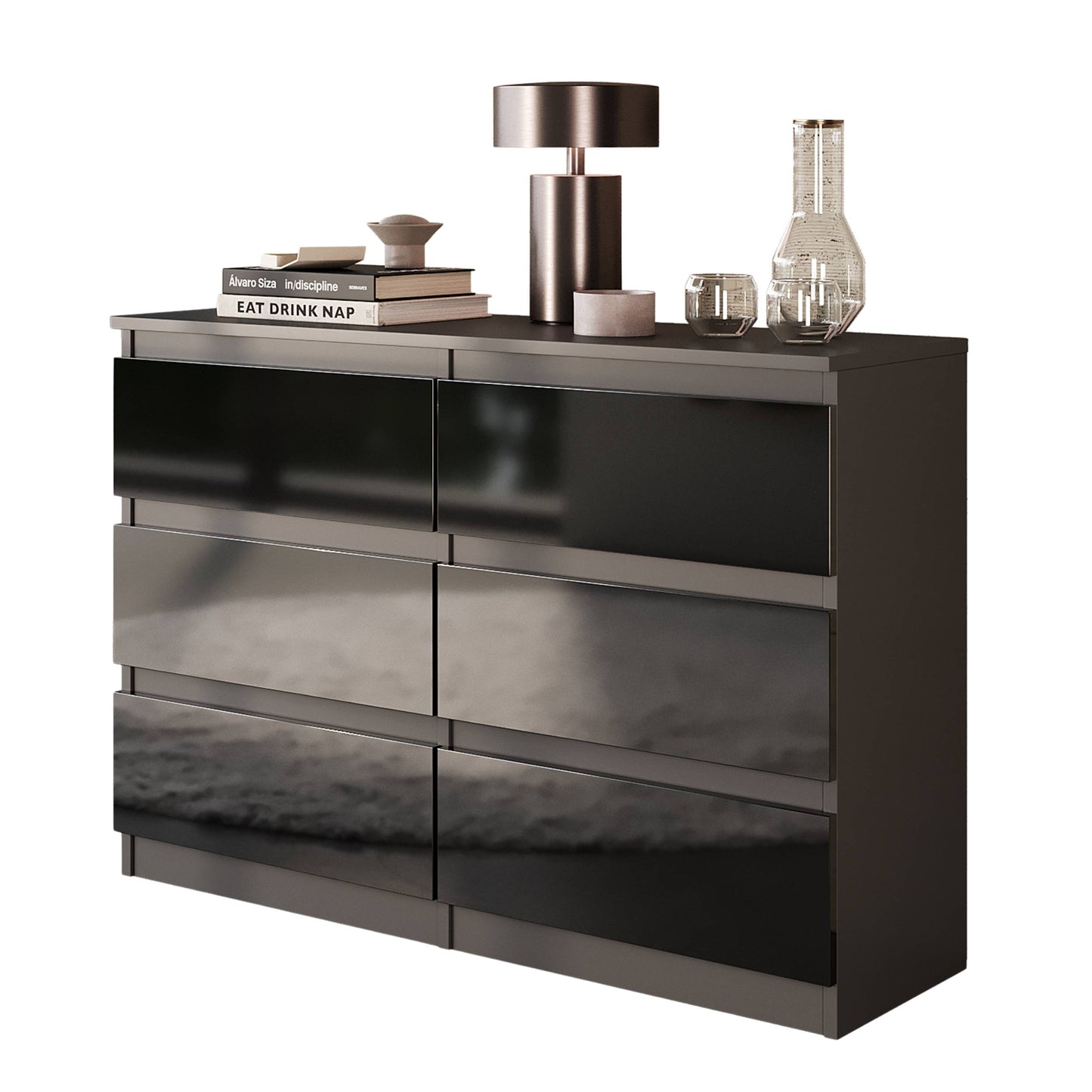 GABRIEL - Kommode / Sideboard mit 6 Schubladen - Anthrazit / Schwarz Gloss H71cm B100cm TD33cm