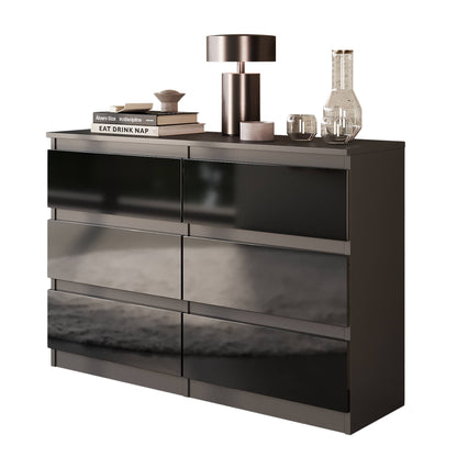 GABRIEL - Kommode / Sideboard mit 6 Schubladen - Anthrazit / Schwarz Gloss H71cm B100cm TD33cm