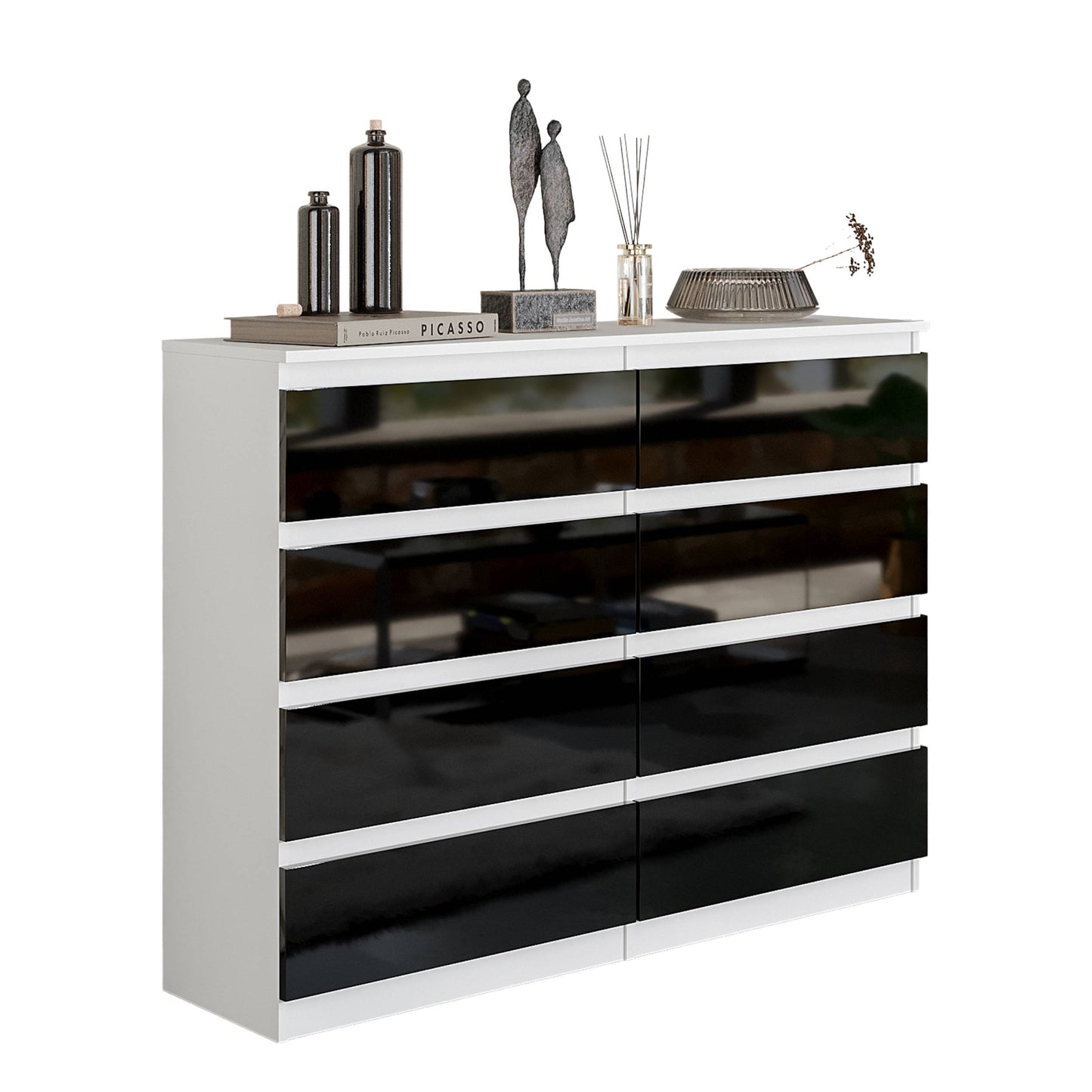 Kommode / Sideboard mit 8 Schubladen - Weiß / Schwarz Gloss H92cm W120cm D33cm