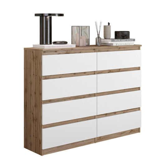 GABRIEL - Kommode / Sideboard mit 8 Schubladen - Wotan Eiche / Weiß Matt H92cm B120cm T33cm