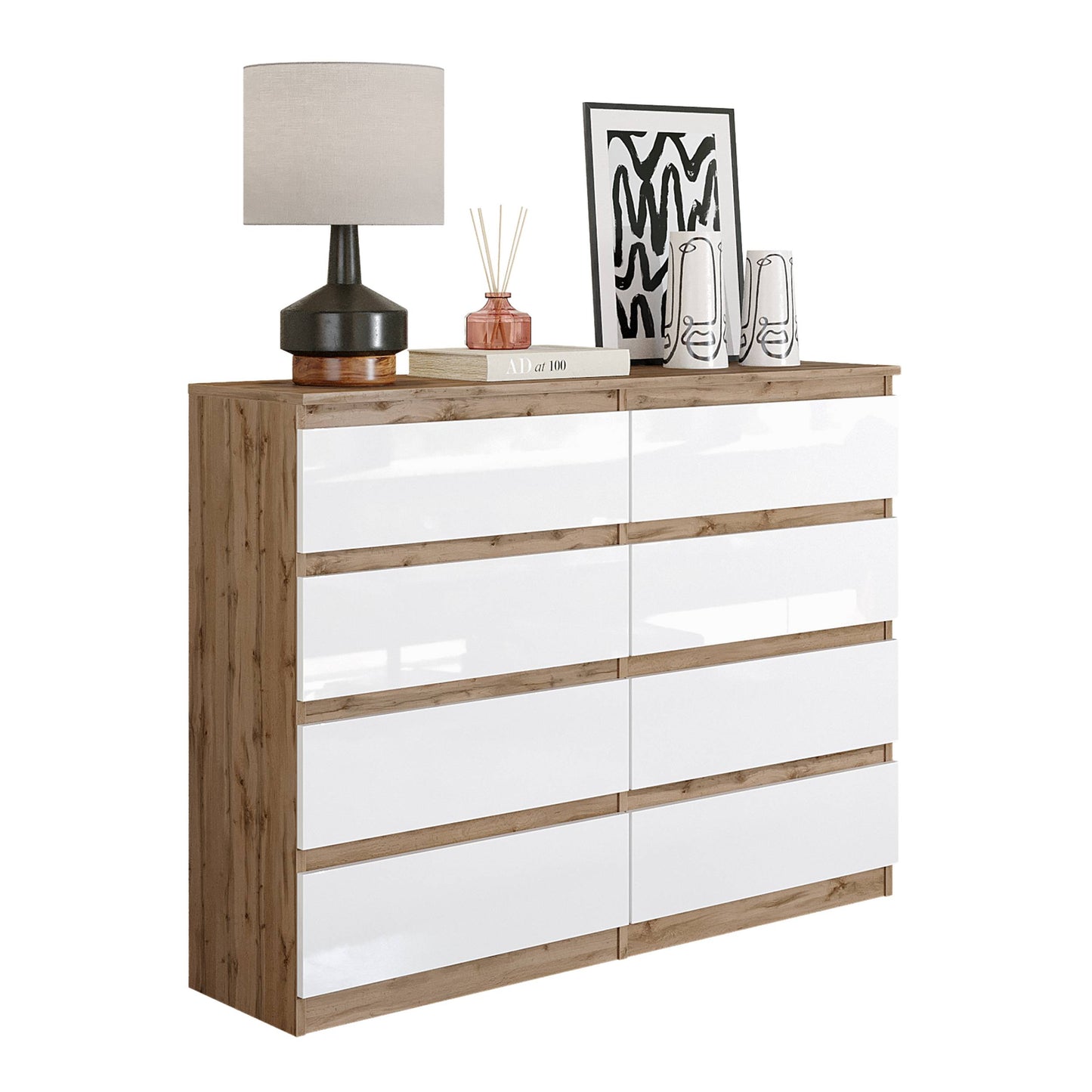 GABRIEL - Kommode / Sideboard mit 8 Schubladen - Wotan Eiche / Weiß Gloss H92cm B120cm T33cm