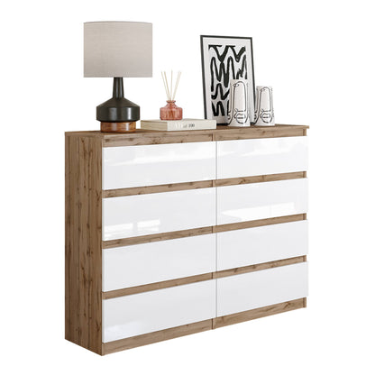 GABRIEL - Kommode / Sideboard mit 8 Schubladen - Wotan Eiche / Weiß Gloss H92cm B120cm T33cm