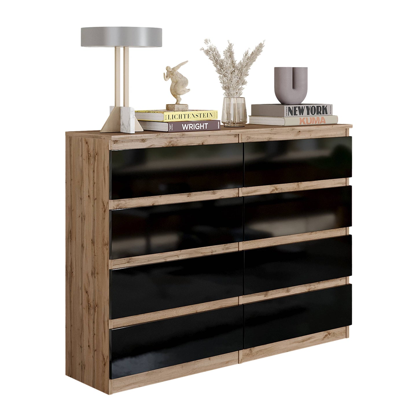 GABRIEL - Kommode / Sideboard mit 8 Schubladen - Wotan Eiche / Schwarz Gloss H92cm B120cm T33cm