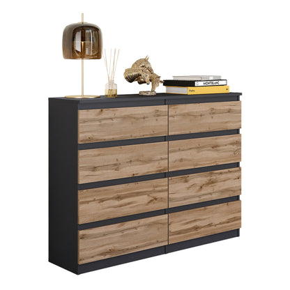 GABRIEL - Kommode / Sideboard mit 8 Schubladen - Anthrazit Grau / Wotan Eiche H92cm B120cm T33cm