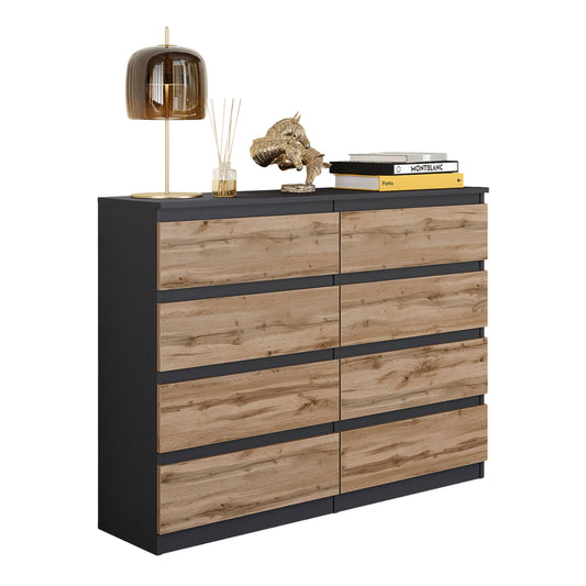 GABRIEL - Kommode / Sideboard mit 8 Schubladen - Anthrazit Grau / Wotan Eiche H92cm B120cm T33cm