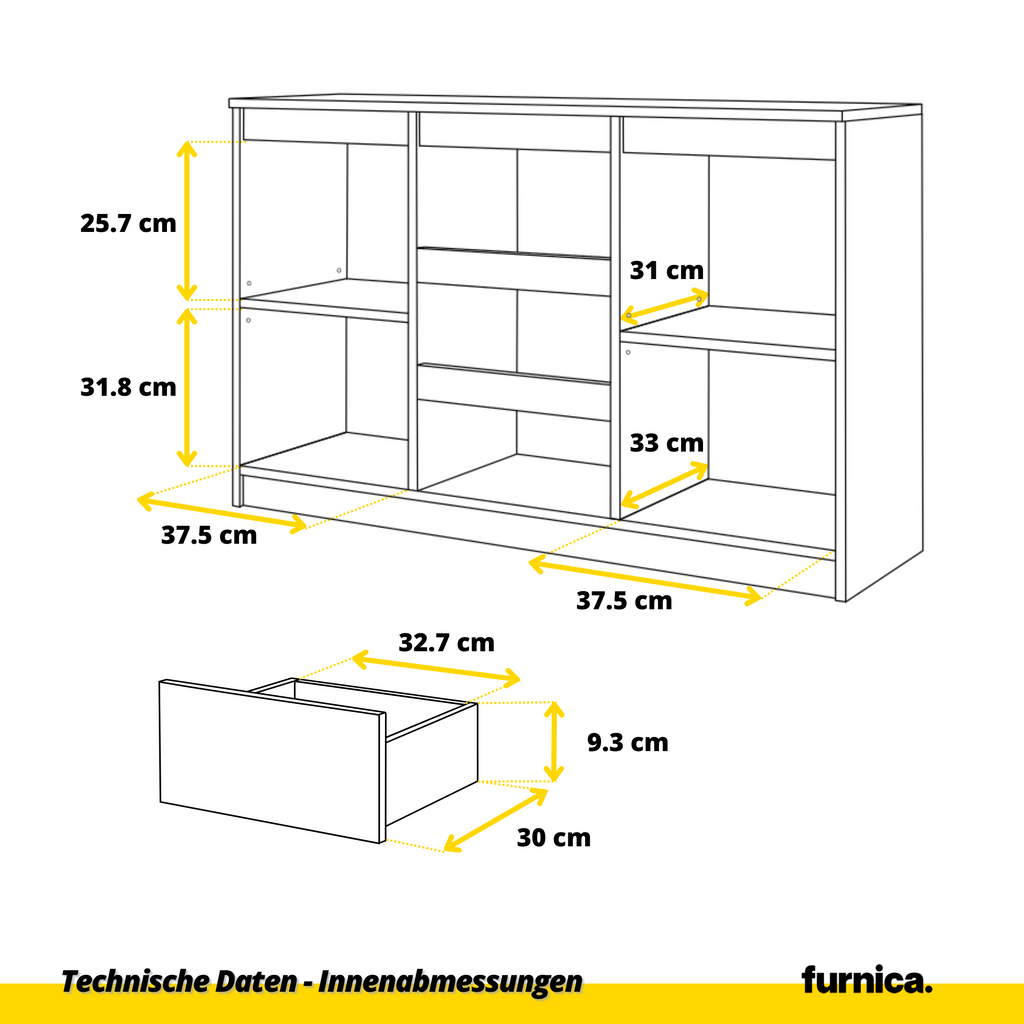 MIKEL - Kommode / Sideboard mit 3 Schubladen und 2 Türen - Beton-Optik / Schwarz Gloss H75cm B120cm T35cm