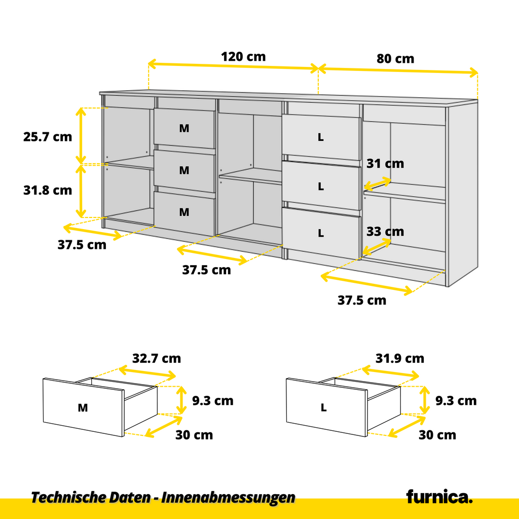 MIKEL - Kommode mit 6 Schubladen und 3 Türen - Schlafzimmer Kommode Aufbewahrung Schrank Sideboard - Sonoma Eiche / Weiß Glanz H75cm B200cm T35cm