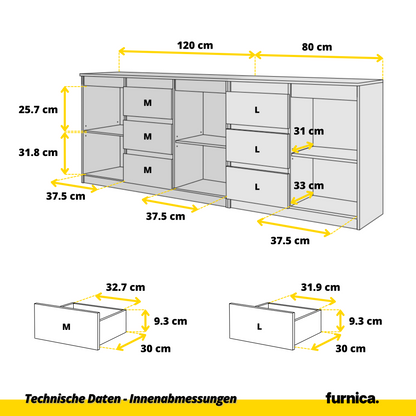 MIKEL - Kommode mit 6 Schubladen und 3 Türen - Schlafzimmer Kommode Aufbewahrungsschrank Sideboard - Anthrazit / Wotan Eiche H75cm B200cm T35cm