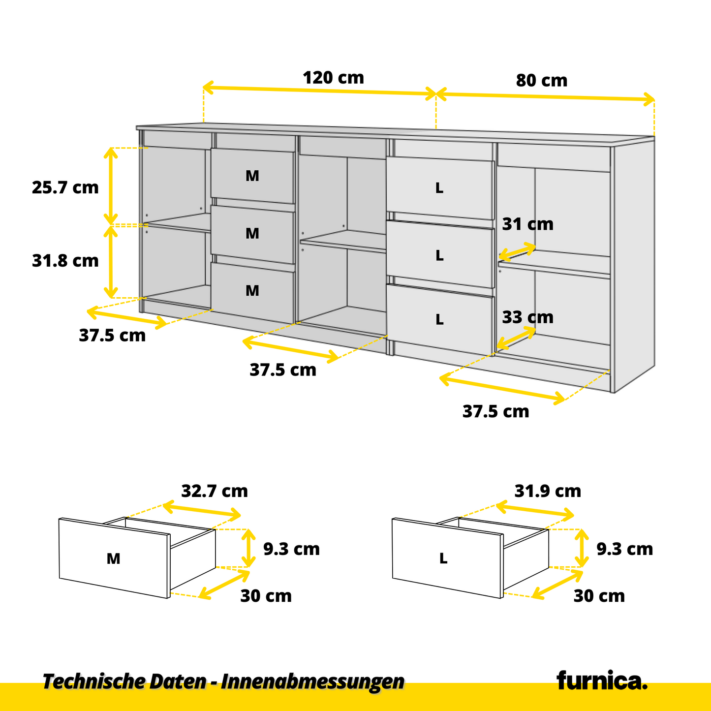 MIKEL - Kommode mit 6 Schubladen und 3 Türen - Schlafzimmer Kommode Aufbewahrungsschrank Sideboard - Weiß Matt / Wotan Eiche H75cm B200cm T35cm