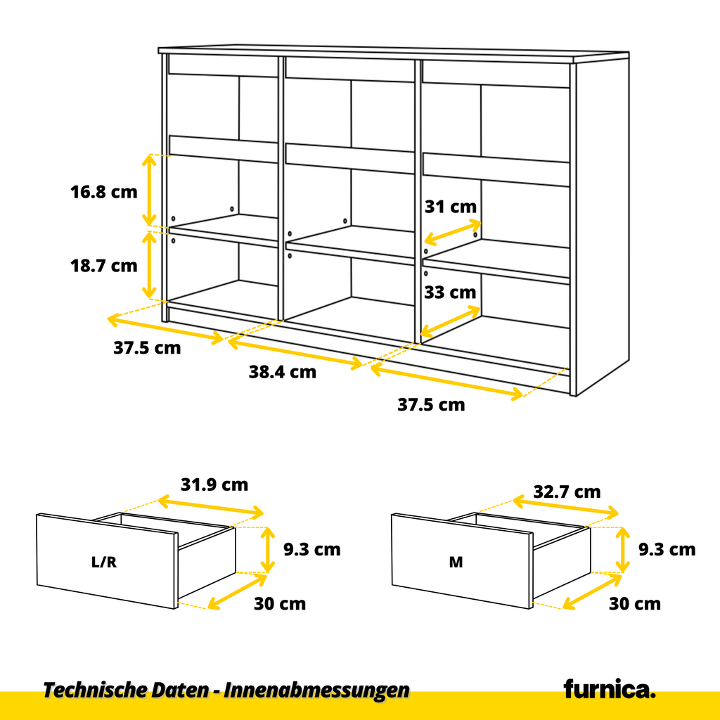 NOAH - Kommode / Sideboard mit 3 Schubladen und 3 Türen - Sonoma Eiche / Weiß Gloss H75cm B120cm T35cm