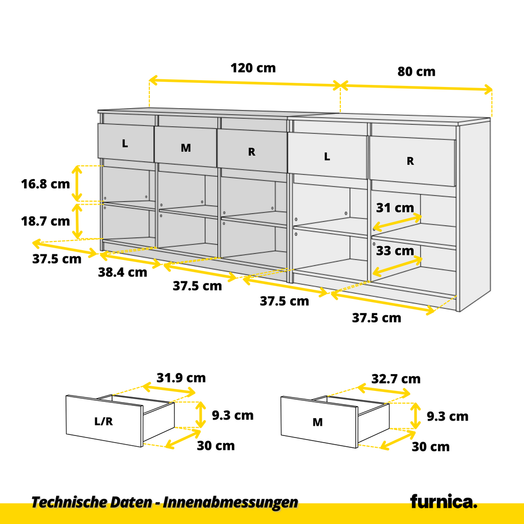 NOAH - Kommode mit 5 Schubladen und 5 Türen - Schlafzimmer Kommode Aufbewahrung Schrank Sideboard - Weiß Matt / Wotan Eiche H75cm B200cm T35cm