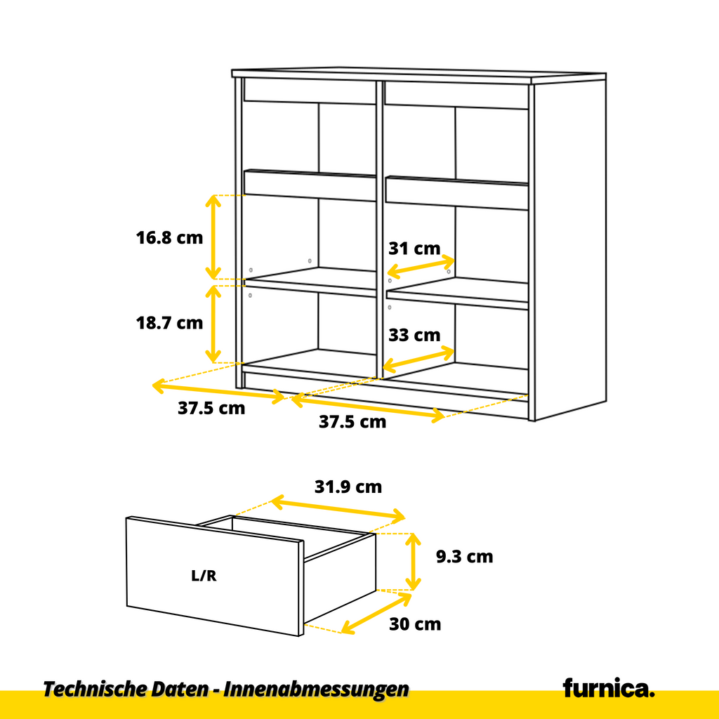 NOAH - Kommode / Sideboard mit 2 Schubladen und 2 Türen - Beton-Optik / Weiß Matt H75cm B80cm T35cm