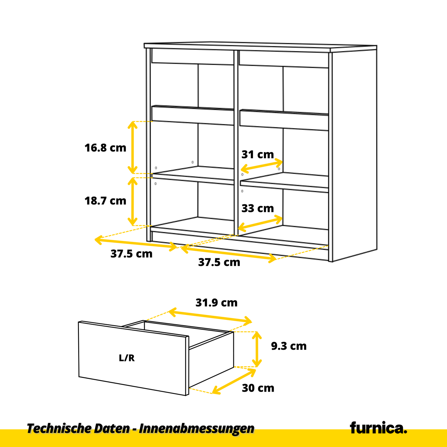 NOAH - Kommode / Sideboard mit 2 Schubladen und 2 Türen - Wotan Eiche / Weiß Matt H75cm B80cm T35cm