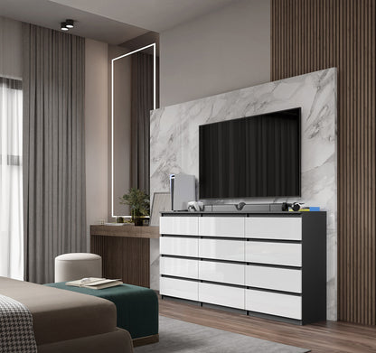GABRIEL - Kommode / Sideboard mit 12 Schubladen (8+4) - Anthrazit / Weiß Gloss H92cm B180cm T33cm