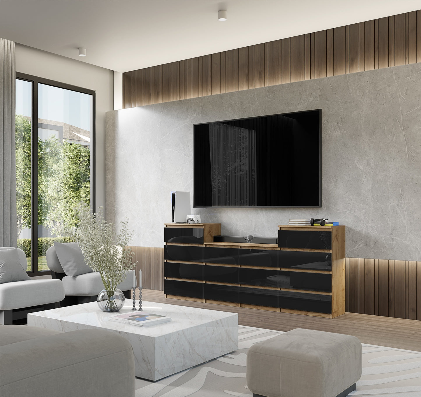 GABRIEL - Kommode / Sideboard mit 14 Schubladen (4+6+4) - Wotan Eiche / Schwarz Gloss H92/70cm B220cm T33cm