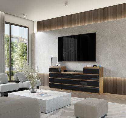 GABRIEL - Kommode / Sideboard mit 14 Schubladen (4+6+4) - Wotan Eiche / Schwarz Gloss H92/70cm B220cm T33cm