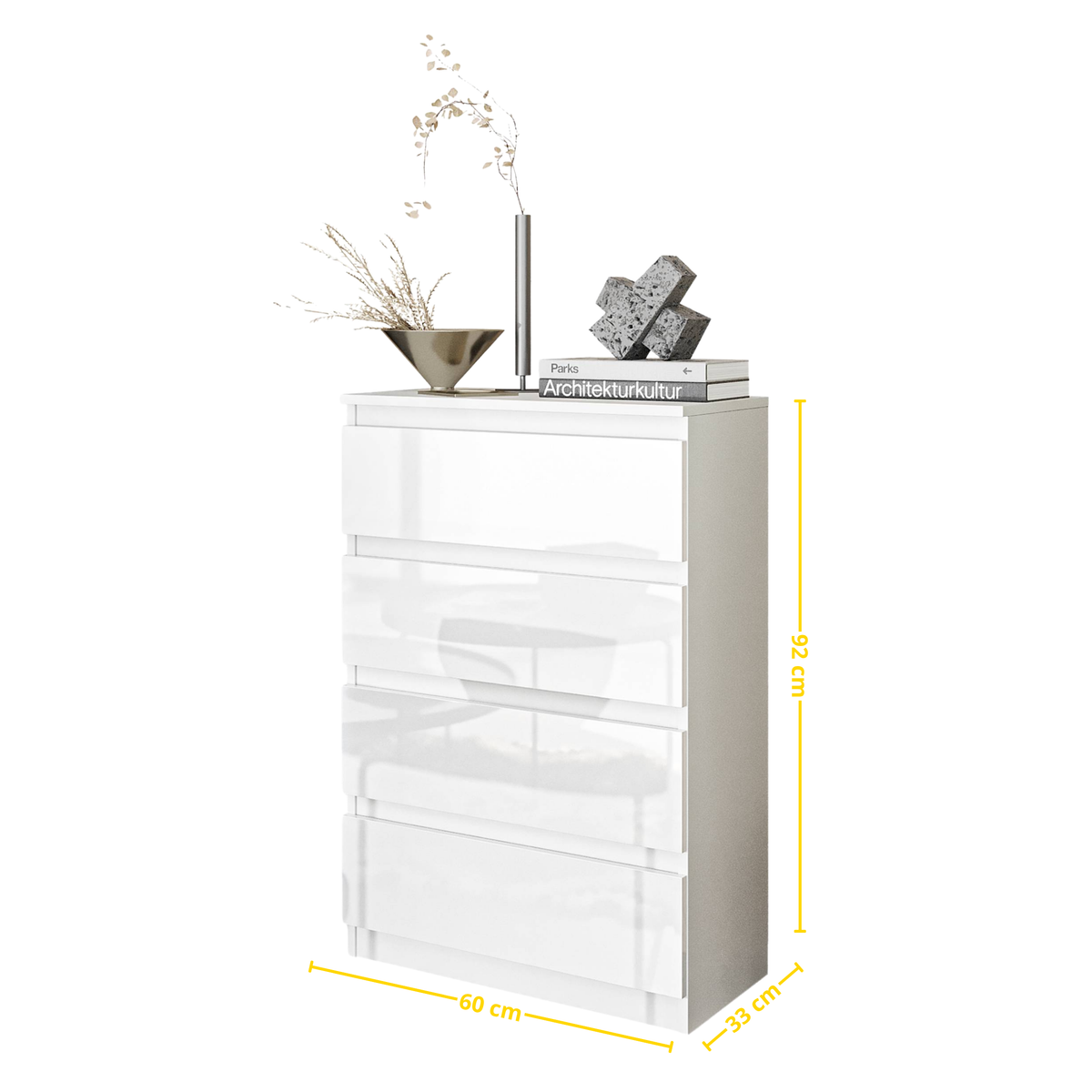 Kommode 60 cm GABRIEL, 4 Schubladen, Weiß Matt/Weiß Gloss – Furnica
