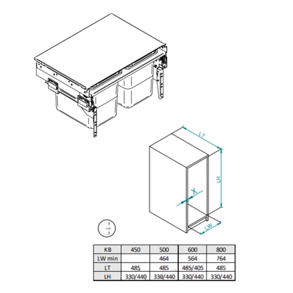 Mülleimer Mülltrennung 2 x 15L - 45cm, T = 480mm H = 320mm Küchenschrank  - Anthrazit Grau