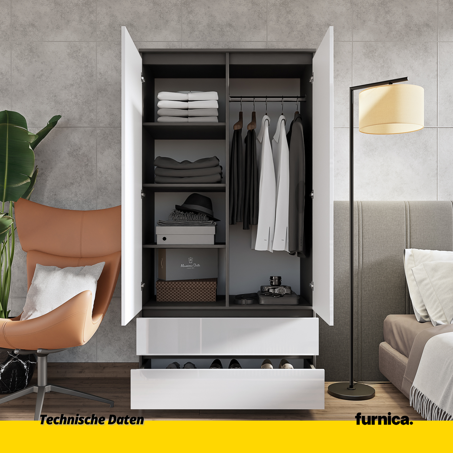 JOELLE - Kleiderschrank mit 2 Türen und 2 Schubladen -  Anthrazit / Weißglanz H180cm B90cm T50cm