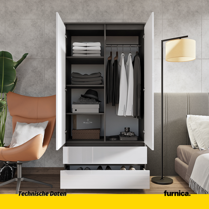 JOELLE - Kleiderschrank mit 2 Türen und 2 Schubladen -  Anthrazit / Weißglanz H180cm B90cm T50cm