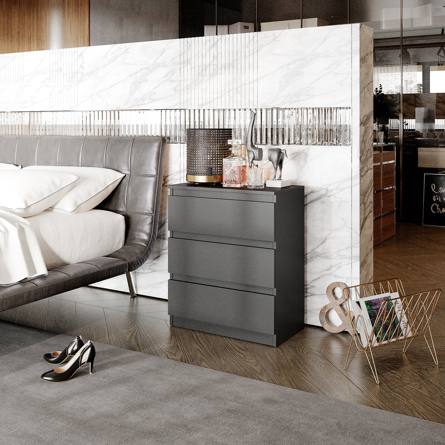 GABRIEL - Nachttisch / Nachtschrank mit 3 Schubladen - Anthrazit Grau - H72cm B60cm T33cm