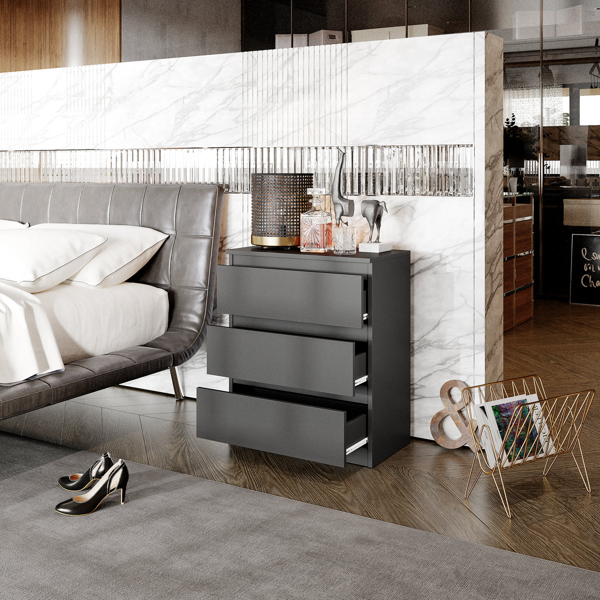 Nachttisch 60 cm GABRIEL, 3 Schubladen, Anthrazit – Furnica
