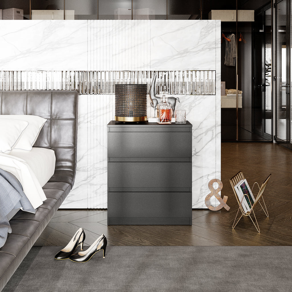 GABRIEL - Nachttisch / Nachtschrank mit 3 Schubladen - Anthrazit Grau - H72cm B60cm T33cm