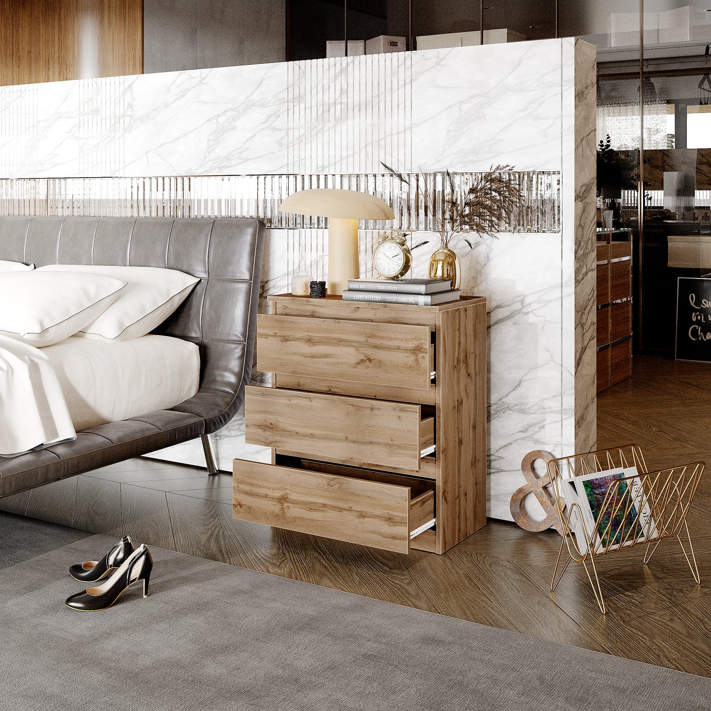 GABRIEL - Nachttisch / Nachtschrank mit 3 Schubladen -  Wotan Eiche - H72cm B60cm T33cm