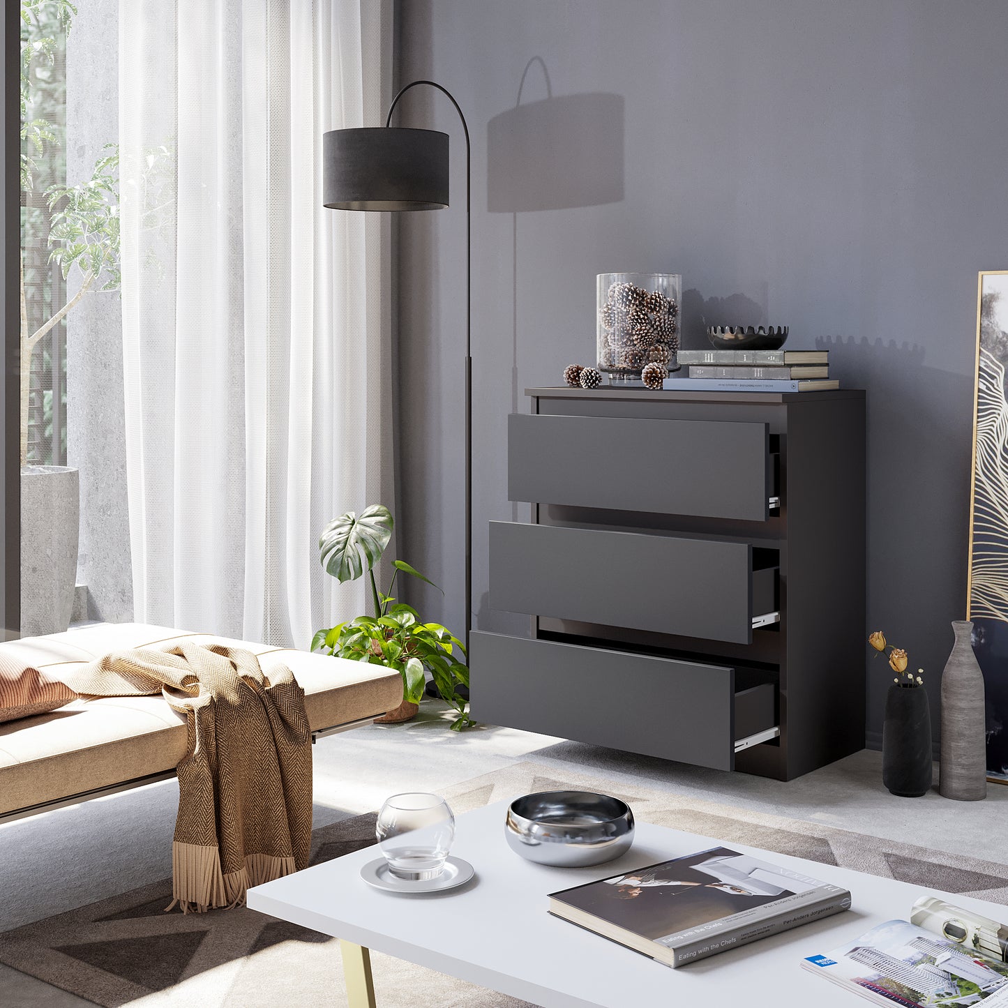 GABRIEL - Kommode / Sideboard mit 3 Schubladen - Anthrazit Grau H72cm B60cm T33cm