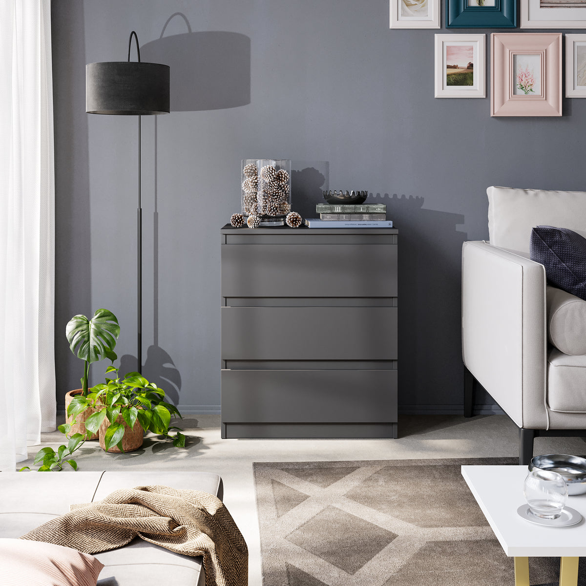 Kommode 60 cm GABRIEL, 3 Schubladen, Anthrazit – Furnica