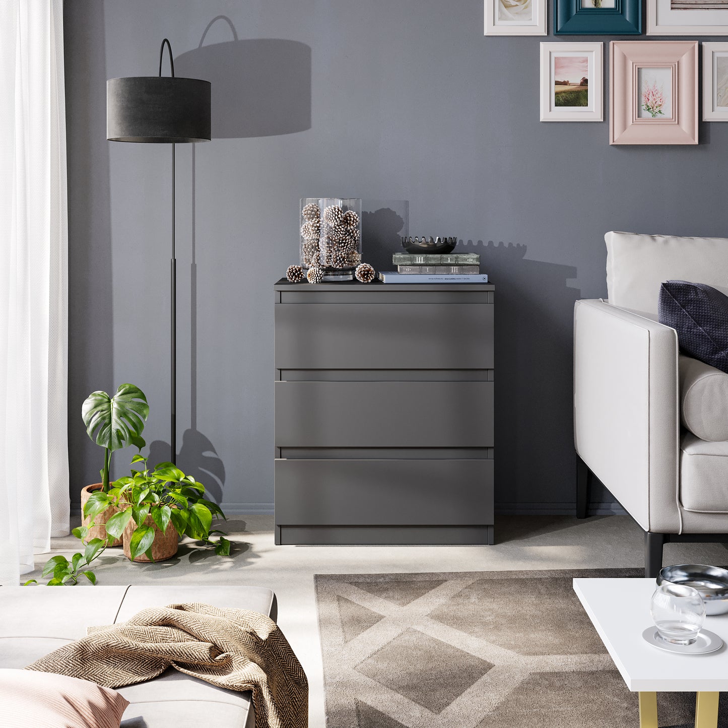 GABRIEL - Kommode / Sideboard mit 3 Schubladen - Anthrazit Grau H72cm B60cm T33cm