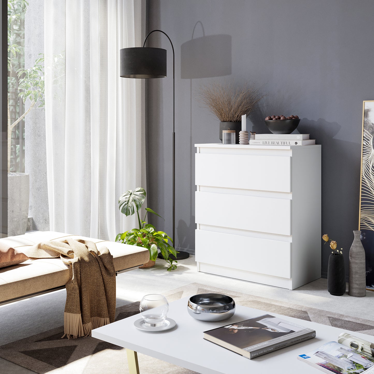 GABRIEL - Kommode / Sideboard mit 3 Schubladen - Weiß Matt H72cm B60cm T33cm