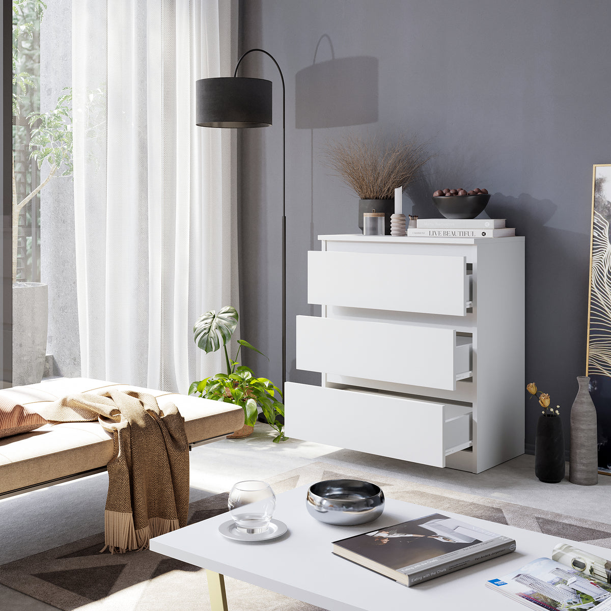 Kommode 60 cm GABRIEL, 3 Schubladen, Weiß Matt – Furnica