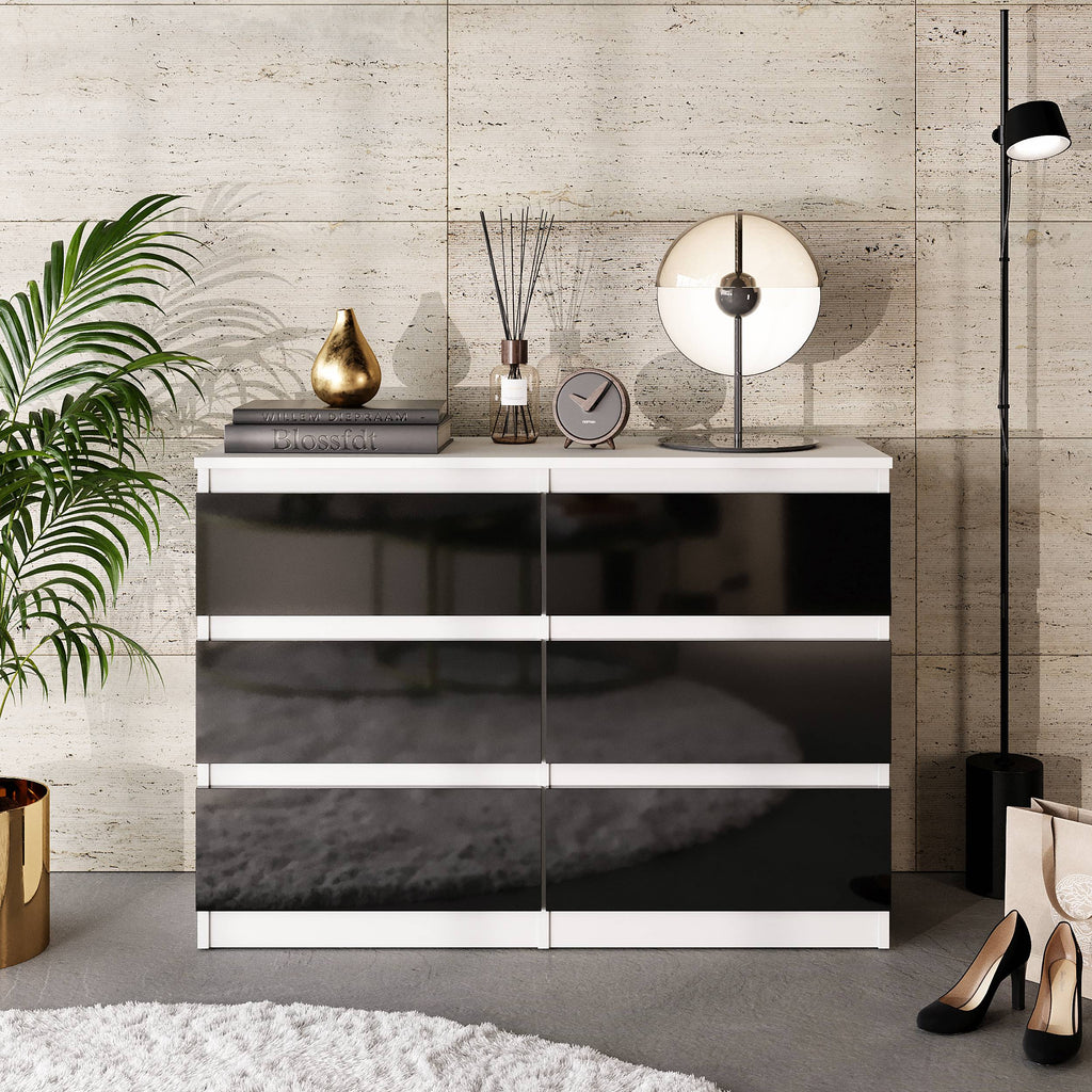 GABRIEL - Kommode / Sideboard mit 6 Schubladen - Weiß Matt / Schwarz Gloss H71cm B100cm T33cm