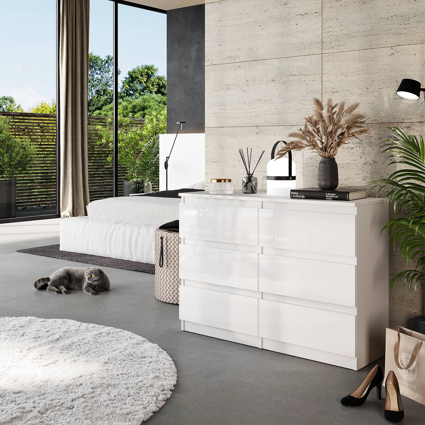 GABRIEL - Kommode / Sideboard mit 6 Schubladen - Weiß Matt / Weiß Gloss H71cm B100cm T33cm