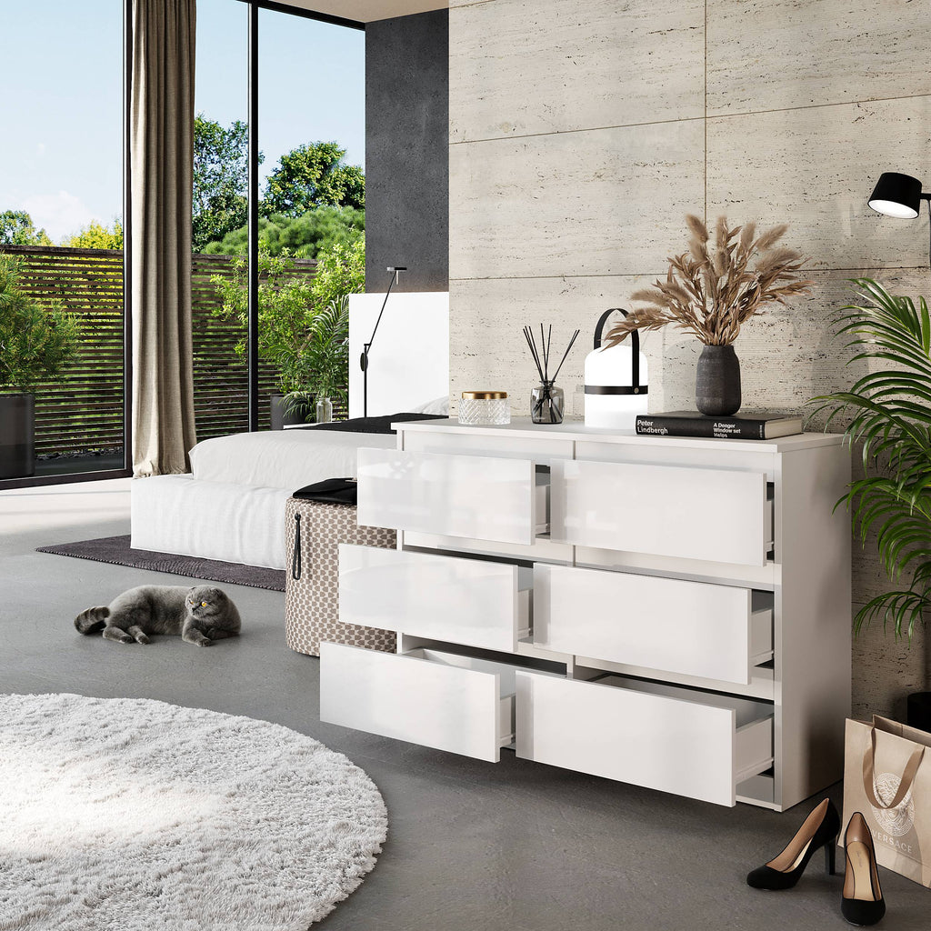 GABRIEL - Kommode / Sideboard mit 6 Schubladen - Weiß Matt / Weiß Gloss H71cm B100cm T33cm