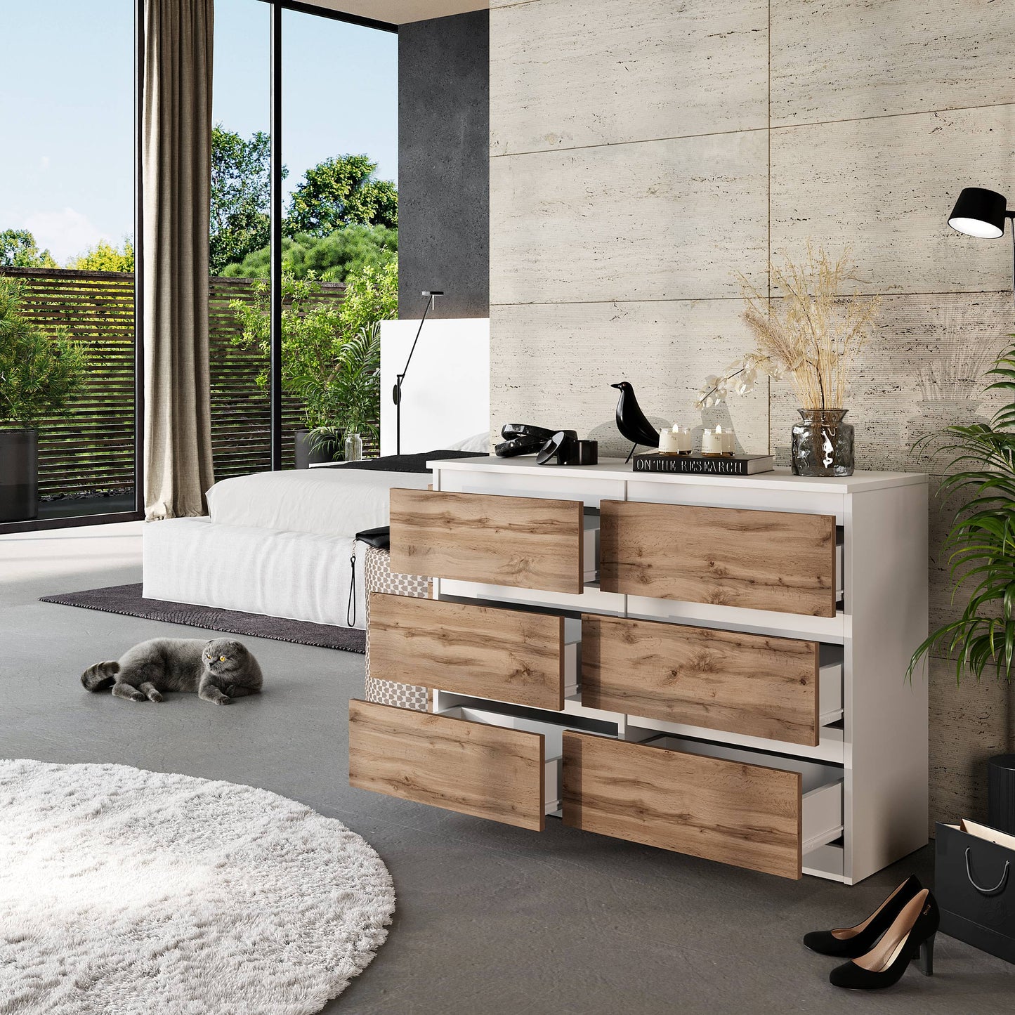 GABRIEL - Kommode / Sideboard mit 6 Schubladen - Weiß Matt / Wotan Eiche H71cm B100cm T33cm